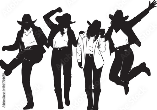 Cowgirl silhouettes dancing and jumping with joyful energy.