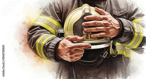 Dedicated firefighter showing pride and heroism while holding their helmet against a soft watercolor background, with copy space for International Firefighters' Day poster