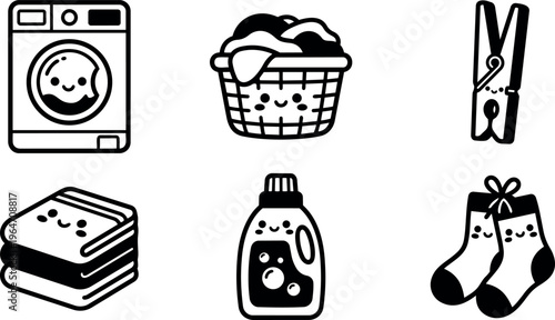 Cute black and white laundry washing machine basket detergent socks and clothespin icons