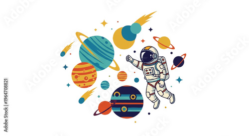 Astronaut floating amongst colorful planets and celestial bodies illustration