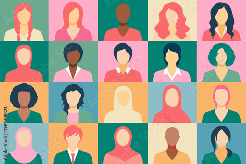 Diverse group of women depicted in a colorful geometric grid pattern