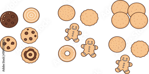 Cookie and Biscuit Collection Featuring Chocolate Chip, Gingerbread Man, Donut and Sweet Bakery Treats Cartoon Vector Illustration Set