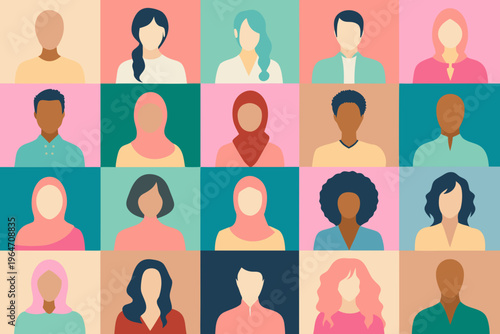 Foto Diverse group of stylized portraits arranged in a colorful grid pattern