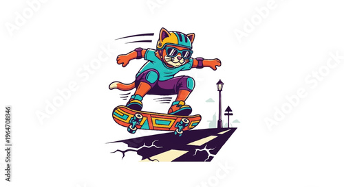 Cartoon cat skateboarder performing trick on road