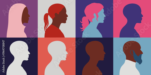 Diverse silhouettes of women s profiles in a colorful grid arrangement