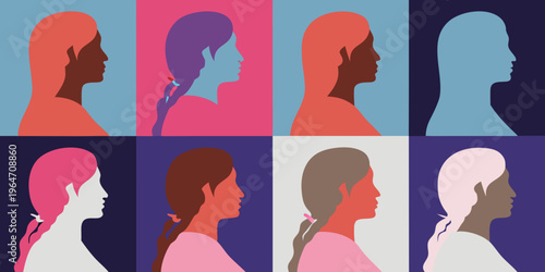 Diverse portraits of women in a colorful geometric grid arrangement