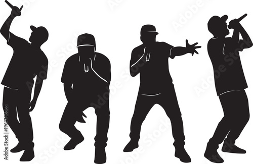 Rapper silhouettes performing on stage with microphones.