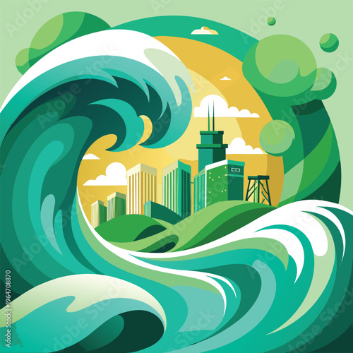 Illustration of a city skyline with a large wave crashing  urban landscape with skyscrapers and buildings
