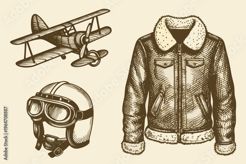 Vintage aviation equipment including a biplane helmet and leather jacket