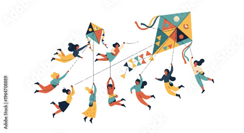 People flying kites illustration against white background