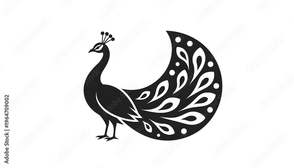 Fototapeta premium Elegant Black Peacock Silhouette Vector Illustration with Stylized Decorative Tail Feathers on White Background