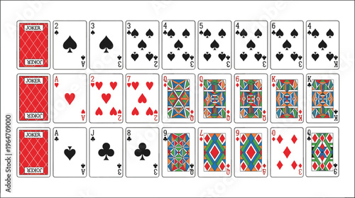 Complete playing card vector set featuring spades hearts diamonds and clubs suits with joker and face cards for casino games gambling and entertainment projects.