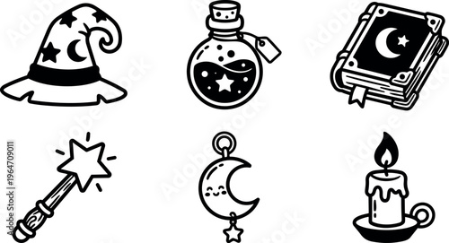 Black and white witch hat magic wand potion book moon charm candle line art