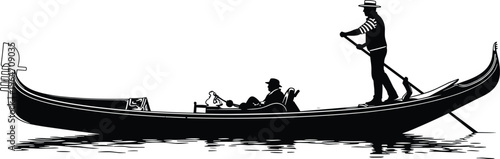 Traditional Venetian Gondola Silhouette with Gondolier Steering Passenger Through Water Isolated on White Background for Italy Travel Tourism Culture and Romantic Venice Vacation Concept