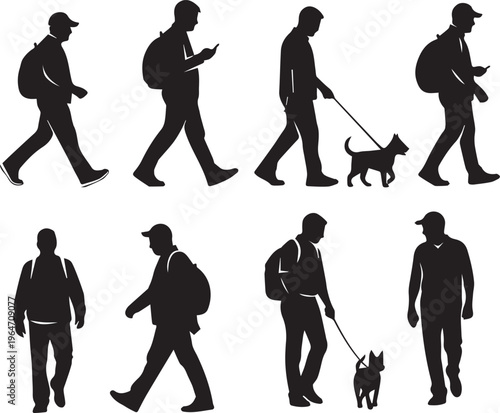 Walking people silhouettes with backpacks and dogs on city pavement.