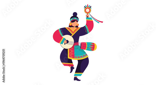A vibrant illustration depicts a traditional musician playing instruments showcasing colorful attire and a distinct silhouette high quality professional detailed modern