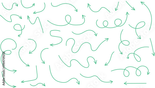 Colorful Hand-drawn Arrow Set Curved Line Directional Arrow In Doodles Style. Black Curve Arrow Collection Isolated, Vector Illustration
