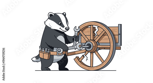 An anthropomorphic badger repairs a wooden wagon wheel with a wrench showcasing a charming silhouette high quality professional detailed modern elegant