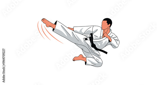 A dynamic illustration depicts a karate practitioner executing a powerful roundhouse kick presented as a silhouette high quality professional detailed modern