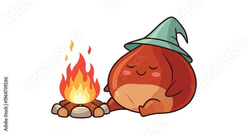 A charming illustration depicts a cute round creature roasting marshmallows over a campfire a cozy silhouette high quality professional detailed modern
