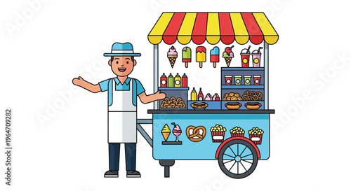 A cheerful vendor stands beside his colorful food cart displaying various treats a charming silhouette high quality professional detailed modern elegant