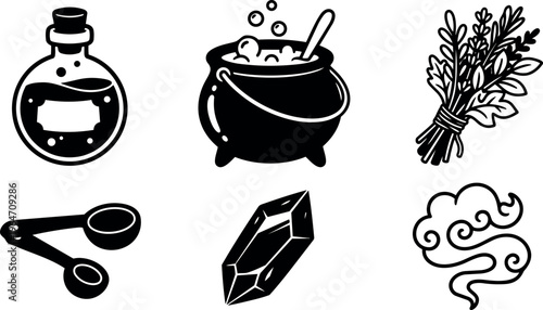 Black and white potion bottle cauldron herbs measuring spoons crystal and smoke vector art