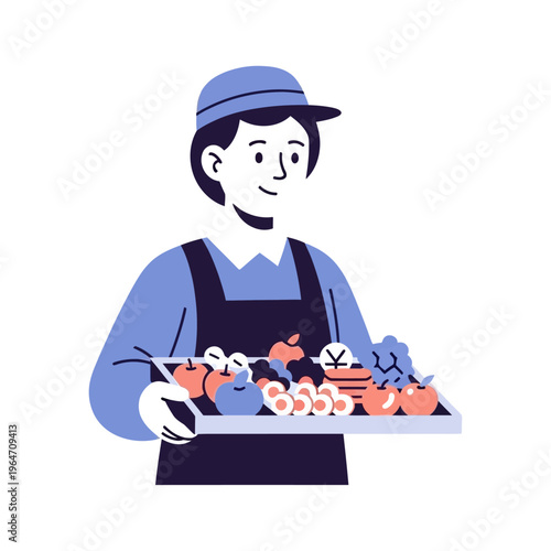 Smiling farmer or market vendor presenting a bountiful tray of fresh, organic fruits and vegetables for sale