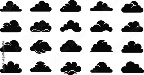 A collection of stylized monochromatic cloud silhouettes are arranged across a white background showcasing diverse puffy forms high quality professional detailed modern elegant