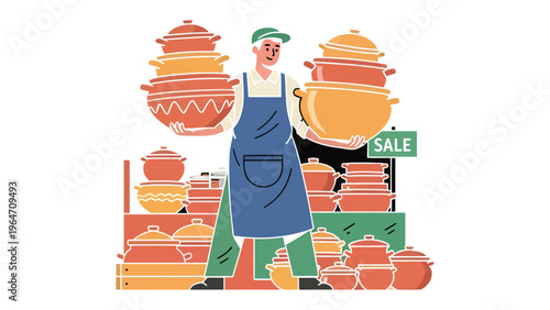 Pottery seller: a seller carrying pottery with apron and hat, in sale event. illustrating the selling and market situation