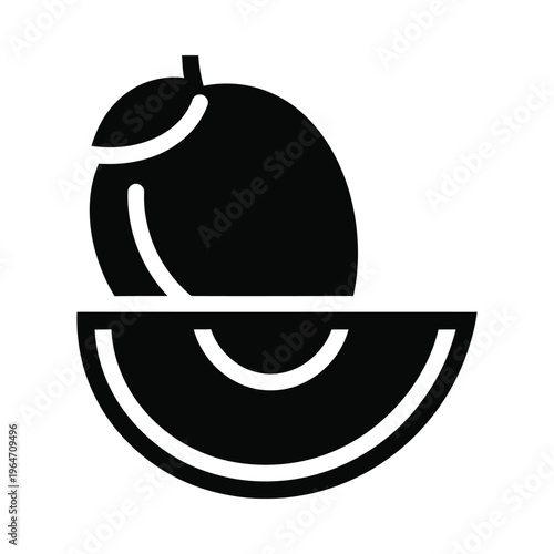 A black and white image of a cut peach