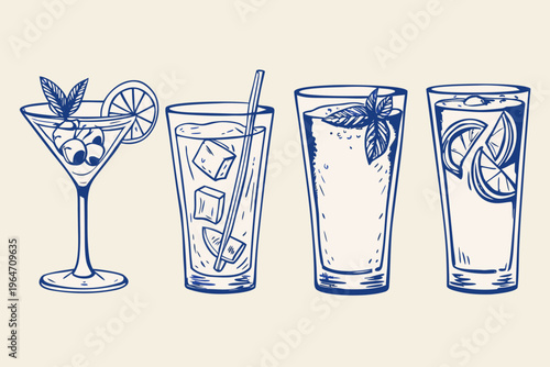 Four sketched cocktail glasses with various garnishes and ice cubes