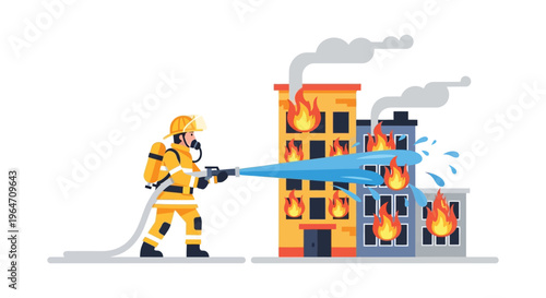 A firefighter bravely battles a blazing building fire directing water towards the flames in silhouette high quality professional detailed modern elegant