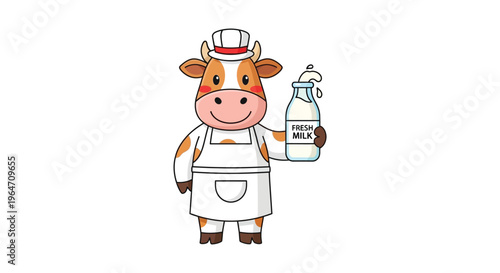 A cheerful cartoon cow wearing a chef s hat and apron holds a bottle of milk a playful silhouette high quality professional