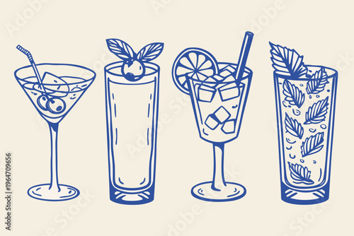 A collection of four hand drawn cocktail illustrations in blue tones