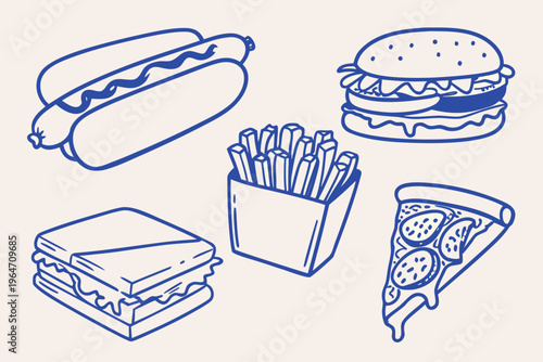 A collection of fast food items drawn in a simple blue line art style