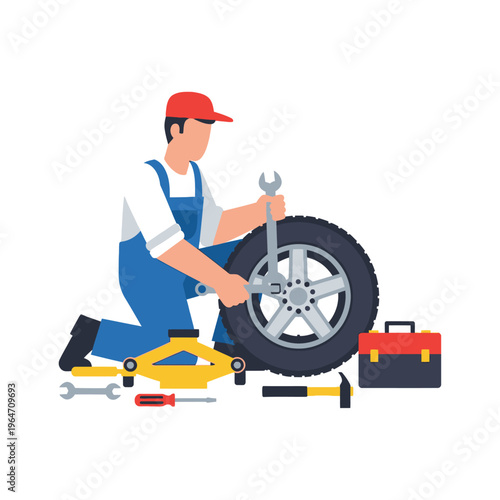 Dedicated auto mechanic servicing a car wheel and tire for reliable vehicle maintenance