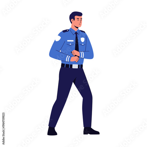 Professional law enforcement officer in official blue uniform, standing vigilantly, representing public security and order