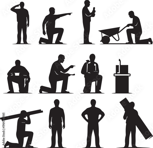 Industrial workers vector silhouette set working hard labor with tools.