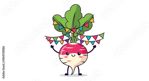 A cheerful anthropomorphic radish character celebrates with colorful bunting and leafy foliage a delightful silhouette high quality professional detailed modern elegant