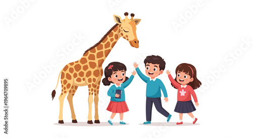 A colorful illustration depicts children interacting with a giraffe in a playful scene rendered as a silhouette high quality professional detailed