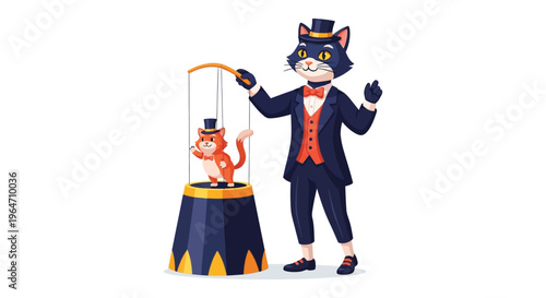 A dapper black cat magician performs a trick with an orange kitten puppet showcasing whimsical artistry as a silhouette high quality