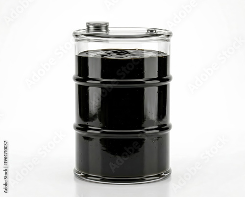 Transparent glass oil barrel with black crude oil.