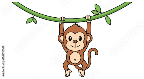 A charming cartoon monkey playfully hangs from a green vine showcasing a delightful silhouette high quality professional detailed modern elegant stylish