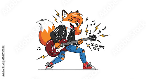 An anthropomorphic fox energetically plays an electric guitar with musical notes and lightning a vibrant silhouette high quality professional detailed modern