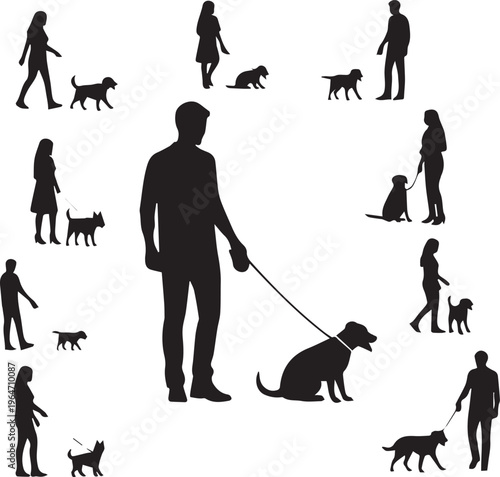 People walking with pets, men and women walking dogs and cats outdoor.