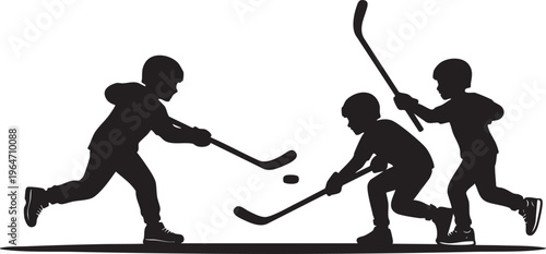 Dynamic silhouette illustration of three young boys intensely playing ice hockey, capturing the energetic spirit of childhood sports and competition