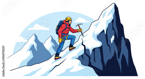 A lone climber ascends a steep snow covered mountain peak carrying essential gear depicted as a silhouette high quality professional detailed modern