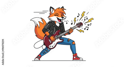 A vibrant cartoon fox energetically plays a red electric guitar radiating musical energy in a playful silhouette high quality professional detailed
