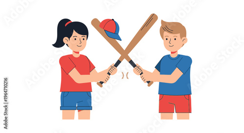 Two young people stand ready to play baseball each holding a bat and preparing to hit silhouette high quality professional detailed