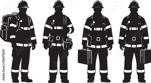 Firefighter vector silhouettes, brave firemen in protective uniform.